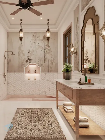 Even the bathroom is a testament to heritage-inspired luxury. A custom-carved mirror, traditional lantern-style lighting, and a distressed wall finish complement the modern fixtures, creating a spa-like retreat with a story to tell.