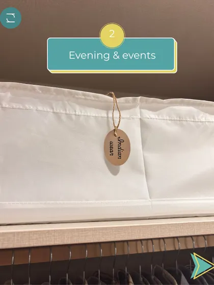 A dedicated, labeled box for evening and event wear, stored on an upper shelf to keep it safe and out of the way until needed.