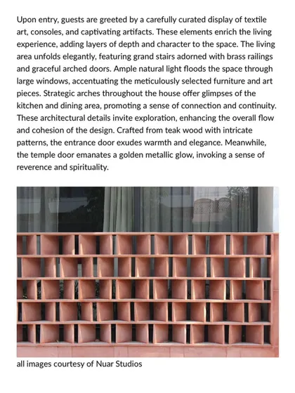 This excerpt from the designboom article details the interior experience of the Jaipur House. It describes the curated flow of spaces, from the grand stairs to the strategic arches that enhance connection and continuity.