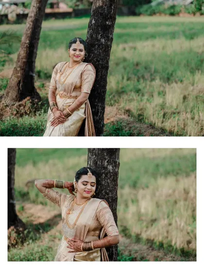 A collage of a bride's portraits in a field, her golden saree glowing in the soft light.