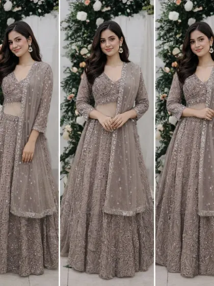 A collage showing multiple angles of this sophisticated taupe-brown lehenga. The all-over handwork gives it a rich, textured look that is both modern and elegant.