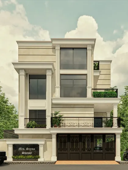 The front elevation of the proposed villa, showing the balance between the classical columns, modern glass windows, and the traditional wrought-iron gate design.