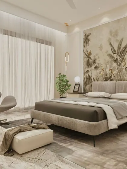 This bedroom render showcases a nature-inspired theme with a tropical print wallpaper accent wall. The furniture is kept minimal and modern to create a tranquil, uncluttered space.