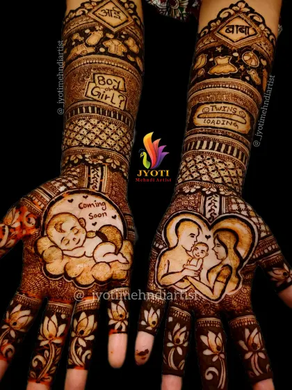 Celebrating new beginnings with a special baby shower mehndi. This design is completely personalized, featuring portraits of the happy family-to-be, a sleeping baby, and fun details like 'Twins Loading' to tell their unique story.