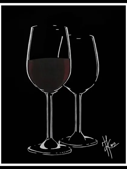 A minimalist line drawing of two wine glasses. A playful piece for those who appreciate the simple, relaxing pleasure of a good glass of wine.