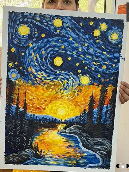 A stunning finished piece combining the styles of Van Gogh's 'Starry Night' with a sunset landscape, created by one of our adult students.