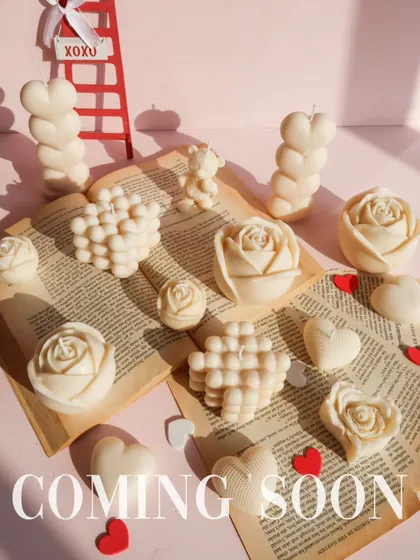 Another "Coming Soon" preview of my Valentine's collection, showcasing the variety of heart and rose-themed candles I created.