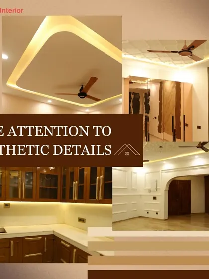This collage emphasizes my fine attention to aesthetic details. It brings together shots of a classic kitchen, an elegant living room, and a modern ceiling design from one of my projects.