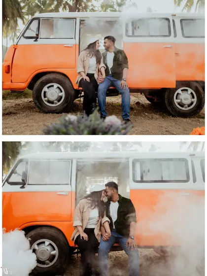 A diptych showing the couple's connection, with smoke adding a dramatic and moody effect.
