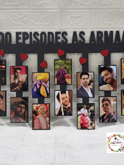 This frame was designed to celebrate actor Rohit Purohit completing 600 episodes as his character. The design includes 13 photos hanging from a custom laser-cut title.