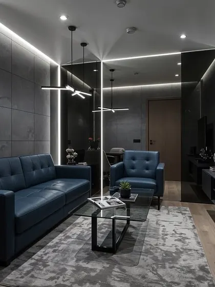 This render imagines a living room as a BMW: dark, dramatic, and wrapped in leather. The space commands attention and exudes confidence with its moody grey walls and blue leather sofa.