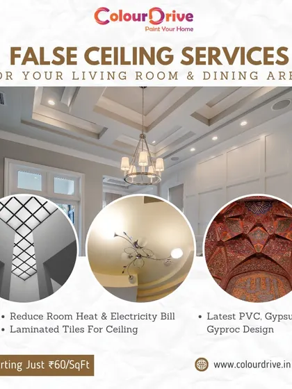 Our false ceiling services offer practical benefits beyond aesthetics. We use materials like PVC and Gypsum to help reduce room heat and lower electricity bills, with installation services starting at a competitive price point.