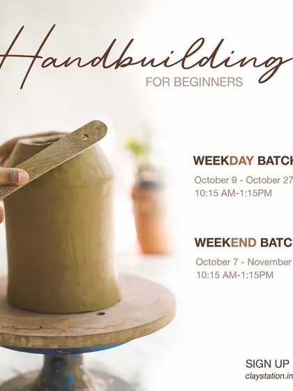 Join our hand-building for beginners course this October. We offer both weekday and weekend batches to fit your schedule, providing a perfect introduction to the world of pottery.