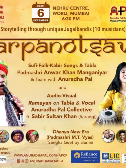 The main poster for my 'Arpanotsav' music festival, a night of storytelling through unique jugalbandis. The event featured my 'Ramayan on Tabla' and a collaboration with Rajasthani folk legend Padmashri Anwar Khan Manganiyar.