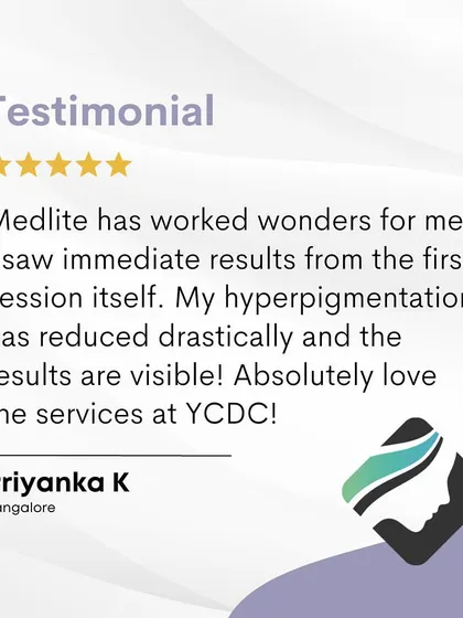 Priyanka K shares her testimonial about the Medlite treatment, stating it worked wonders for her hyperpigmentation with immediate, visible results from the first session.
