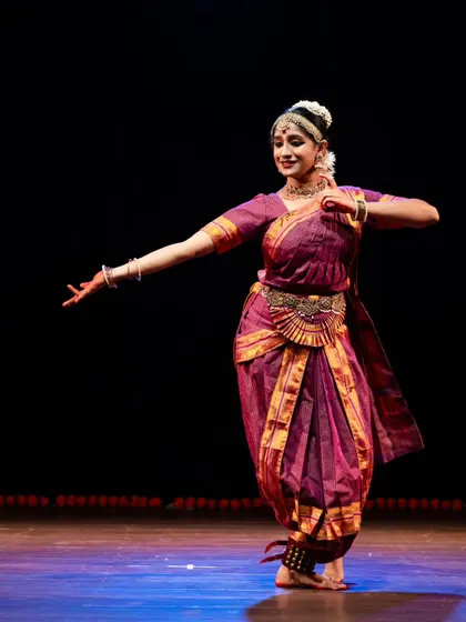 A beautiful moment from a student's solo performance of "Sādhana Kēri." This production is based on the poems of Da. Ra. Bendre, blending Kannada literature with classical Bharatanatyam.