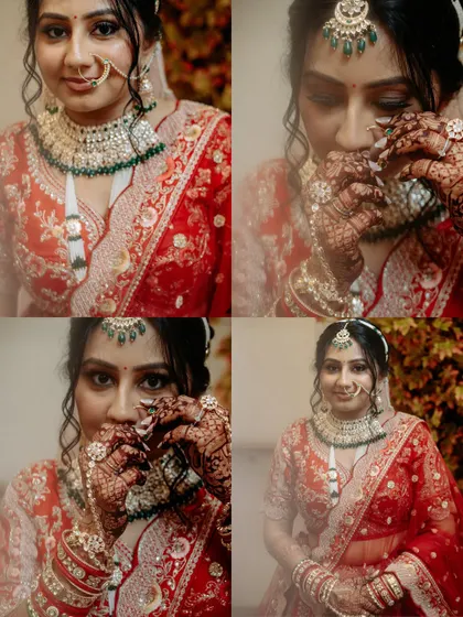 A collage of the bride's getting-ready moments. These portraits capture her expressions as she adjusts her nose ring, each frame filled with anticipation.
