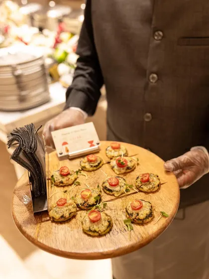 A platter of Mushroom Palak Bruschetta, showcasing how I present even simple bites with an artistic touch.