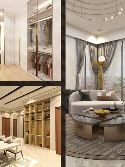 Another collage of high-end 3D renders, featuring a walk-in closet, a luxurious living room with a city view, and a formal dining space.