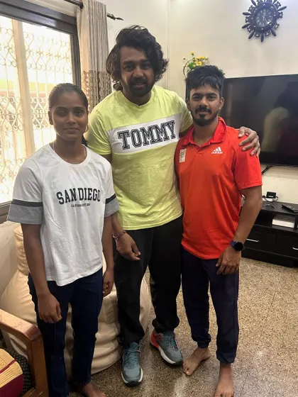 Actor Dhruva Sarja showing his support for our para-athlete Gangavva and her coach. The community's encouragement fuels our journey.
