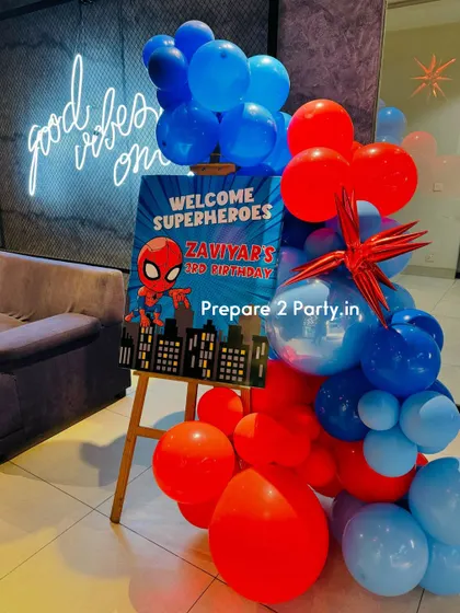 My superhero themed decorations are always a hit. This collection shows various Spiderman and Avengers setups, complete with character cutouts, comic book backdrops, and welcome signs for your little hero.