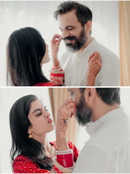 A playful collage of the bride teasing the groom, capturing the fun and lighthearted nature of their relationship during the homecoming.