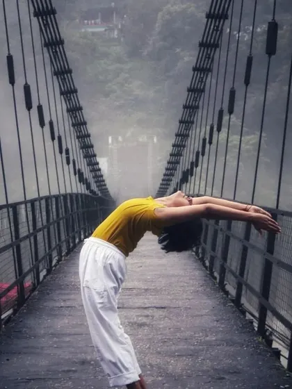 Is it that you are happier when you get more of what you want, or when you want less? A thought to ponder while in a standing backbend on a misty bridge in Uttarkashi.