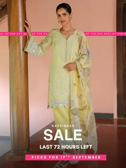 A beautiful yellow Anarkali-style kurta set. The flowy silhouette and delicate print make it a graceful and comfortable choice for any occasion.