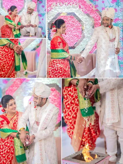 A collection of images showing the couple participating in the rituals around the sacred fire during their wedding ceremony.