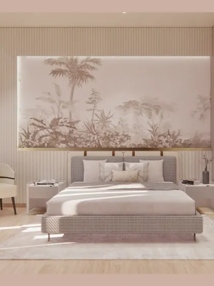 This bedroom design is a breath of fresh air, featuring soft neutral tones, a botanical mural, and a gingham-upholstered bed. The fluted wall panels and brass accents add a touch of refined, understated luxury.