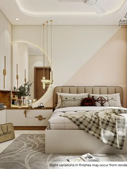 A modern minimalist bedroom with a unique two-tone diagonal wall paint design. The integrated wardrobe and dressing table with a large circular mirror are both stylish and functional.