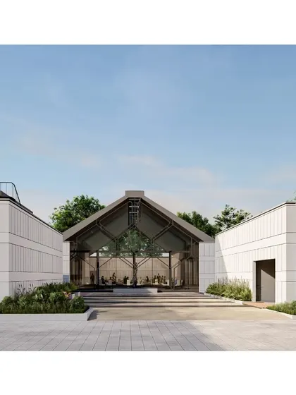 A rendering of the main hall of the Hoodi Convention Center, designed with a soaring, barn-like roof structure and glass walls. This allows the space to be flooded with natural light and offers expansive views of the surrounding landscape, making it ideal for large events and gatherings.