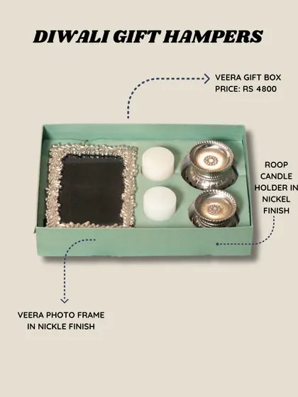 This is the Veera gift box, which comes with a beautiful photo frame and two Roop candle holders, all in a sophisticated nickel finish.