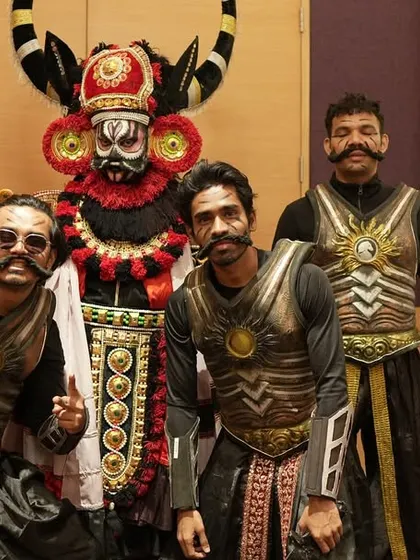 Another powerful pose from our male performers, showcasing their strong characters and elaborate costumes.