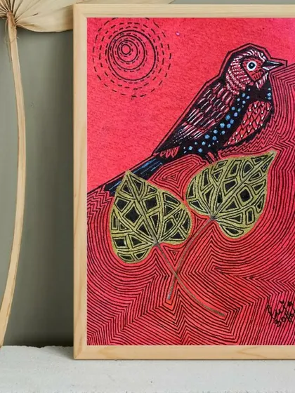 From the "VIBING with NATURE" exhibition, this series by Puja Kumari uses preserved dried leaves as a central element. Her unique style combines delicate ink drawings of birds with the natural texture of the leaves, creating beautiful, eco-friendly art.