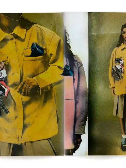 A magazine-style layout that combines a full-length shot with a close-up, using color shifts and layering to create a dynamic composition. The image explores the deconstruction and reconstruction of fashion ideals.