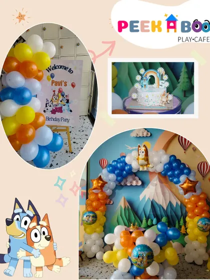A "Bluey" themed birthday party, featuring a custom welcome sign, a colorful balloon arch, and a beautifully decorated cake.