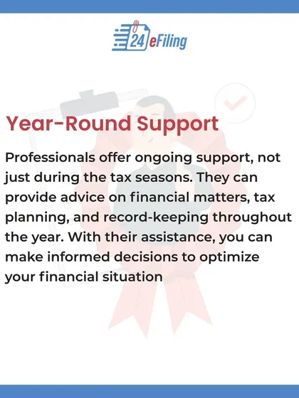 Our support doesn't end after tax season. We offer year-round advice on financial matters, tax planning, and record-keeping to help you make informed decisions and optimize your finances.
