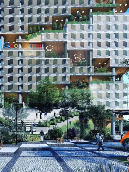 Renderings of the Urban Ladder office tower in Hyderabad, a concept for a new-age workplace with a dynamic facade and a large, green public amphitheater.