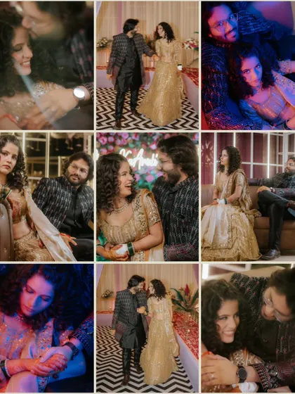 A grid of nine photos capturing the full story of Shivani and Anubhav's Sangeet night, from candid laughter to posed, artistic shots.