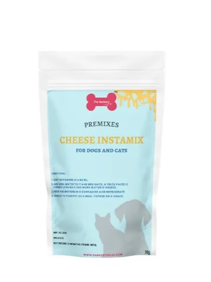 This is the packaging for my Cheese Instamix, a favorite for both dogs and cats. It's packed with calcium and protein for strong bones and muscles, and serves as a great meal topper or pill pocket.