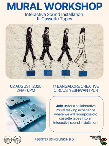 A flyer for a unique mural making experience where we will repurpose old cassette tapes into an interactive sound installation. No art or music experience required!