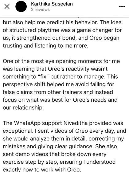 This part of the review details the practical support provided, like WhatsApp video analysis and structured playtime, which were game-changers for Oreo's training.