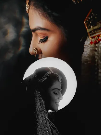 An artistic double exposure portrait of a bride. This creative masterpiece blends a close-up of her face with a black and white silhouette, uniting love and art in a single, stunning image.