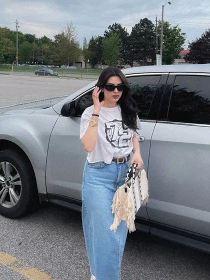 Taking the denim skirt look outside for a casual photoshoot.