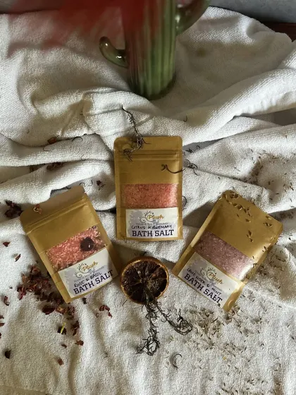 My three variants of handcrafted bath salts, Rose-Basil, Citrus-Rosemary, and Lavender-Mint, are perfect for a home spa day.