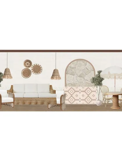 A mood board for an outdoor patio space, with a concept centered around rattan furniture, woven textures, and a bohemian-inspired rug.