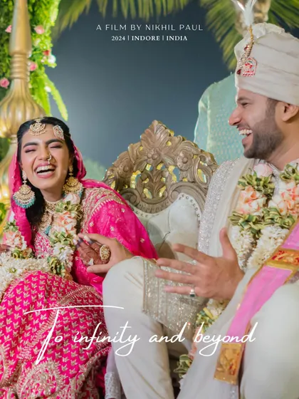 A movie-poster style image of the couple, with the tagline "To infinity and beyond." This captures a moment of pure joy and laughter, perfectly summarizing their love story.