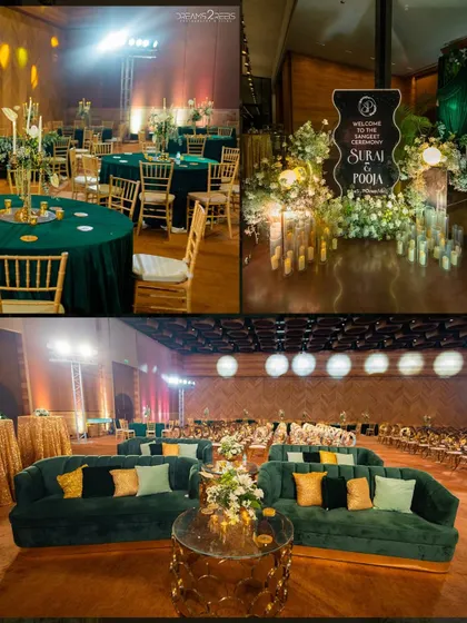Details from the Sangeet night. We used tall, golden candelabras with white florals as centerpieces, set against deep emerald green tablecloths to create a look of pure opulence.