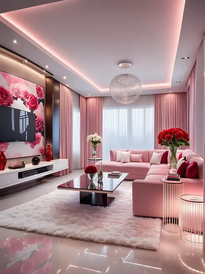 A romantic and glamorous living room with a pink color scheme. The floral TV backdrop and plush shag rug create a soft and luxurious feel.